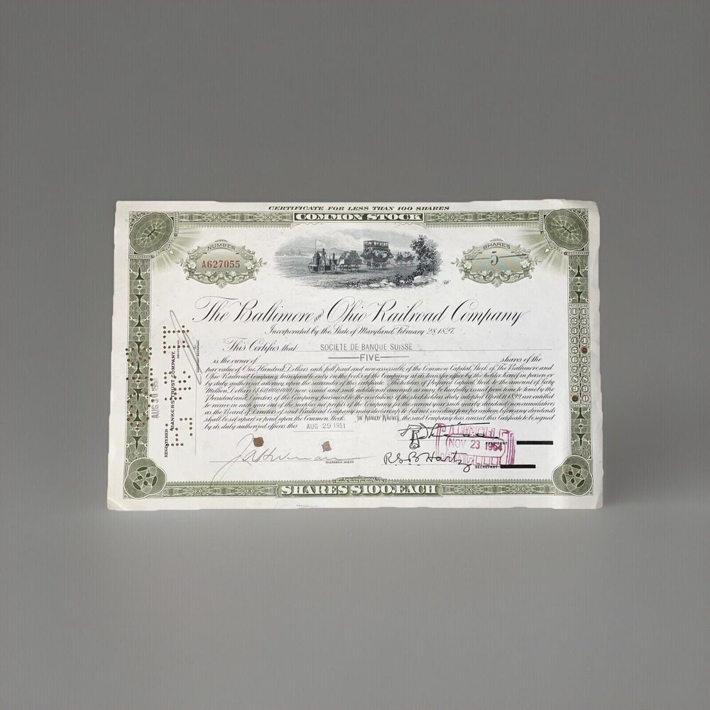 The Baltimore & Ohio Railroad Company Stock Certificate Green 1954 Five Shares